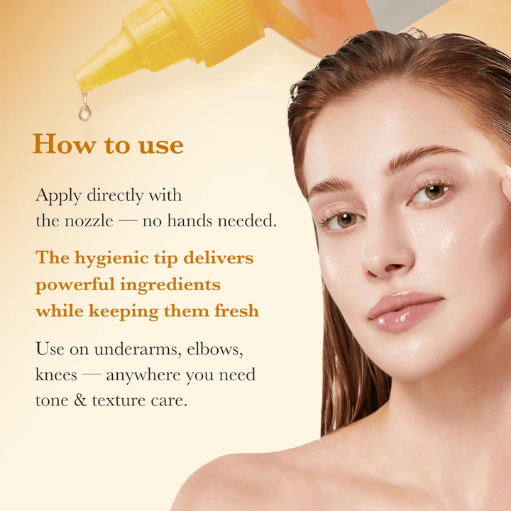 Imagem de utilização para Medicube Kojic Acid Turmeric Resurfacing Toner que mostra aplicação higiénica diretamente com aplicador de ponta para cuidados do tom e da textura da pele, por exemplo nos cotovelos e joelhos.