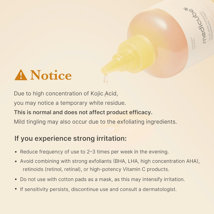 Imagem informativa para Medicube Kojic Acid Turmeric Resurfacing Toner com informação importante de utilização sobre ácido kójico, esfoliação e como a irritação pode ser reduzida em pele sensível.