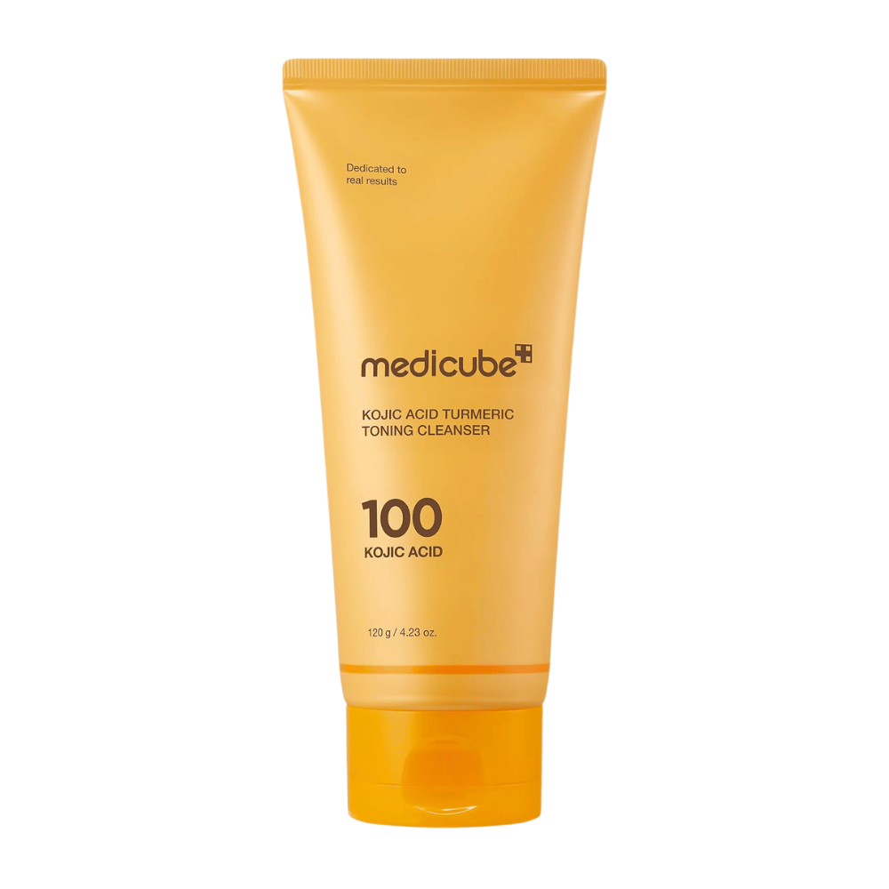 Medicube Kojic Acid Turmeric Toning Cleanser 120 g, limpeza facial com ácido kójico e curcuma num tubo amarelo sobre fundo branco.