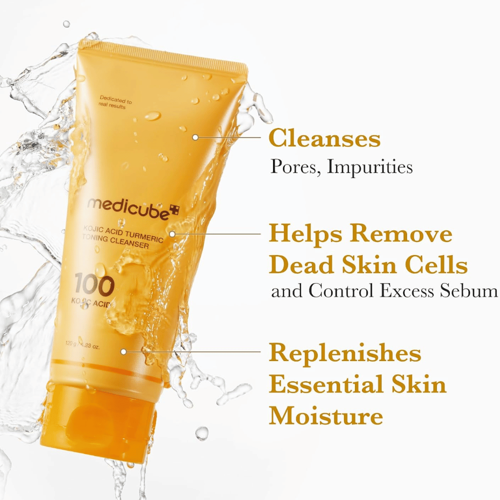 Medicube Kojic Acid Turmeric Toning Cleanser 120 g, limpeza facial que remove impurezas e células mortas da pele. Tubo amarelo com salpicos de água.