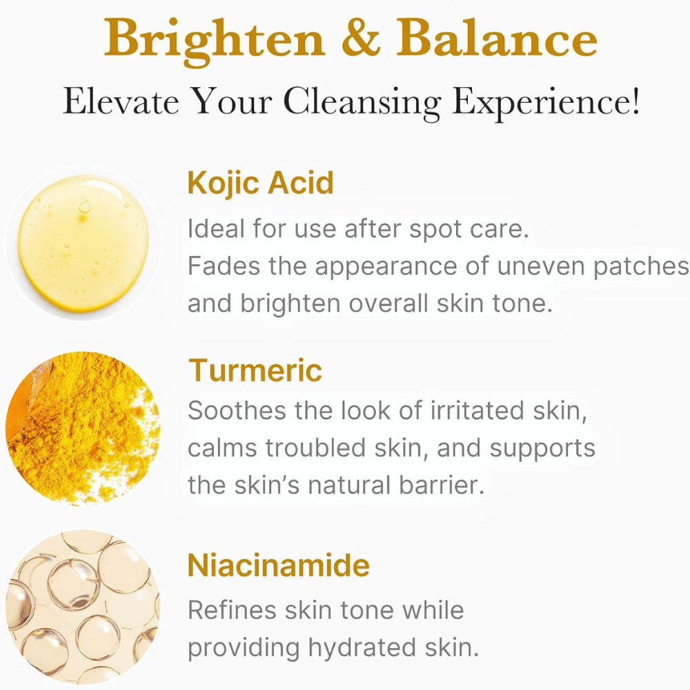 Medicube Kojic Acid Turmeric Toning Cleanser com ácido kójico, curcuma e niacinamida. Visão geral dos ingredientes para um tom de pele mais uniforme.