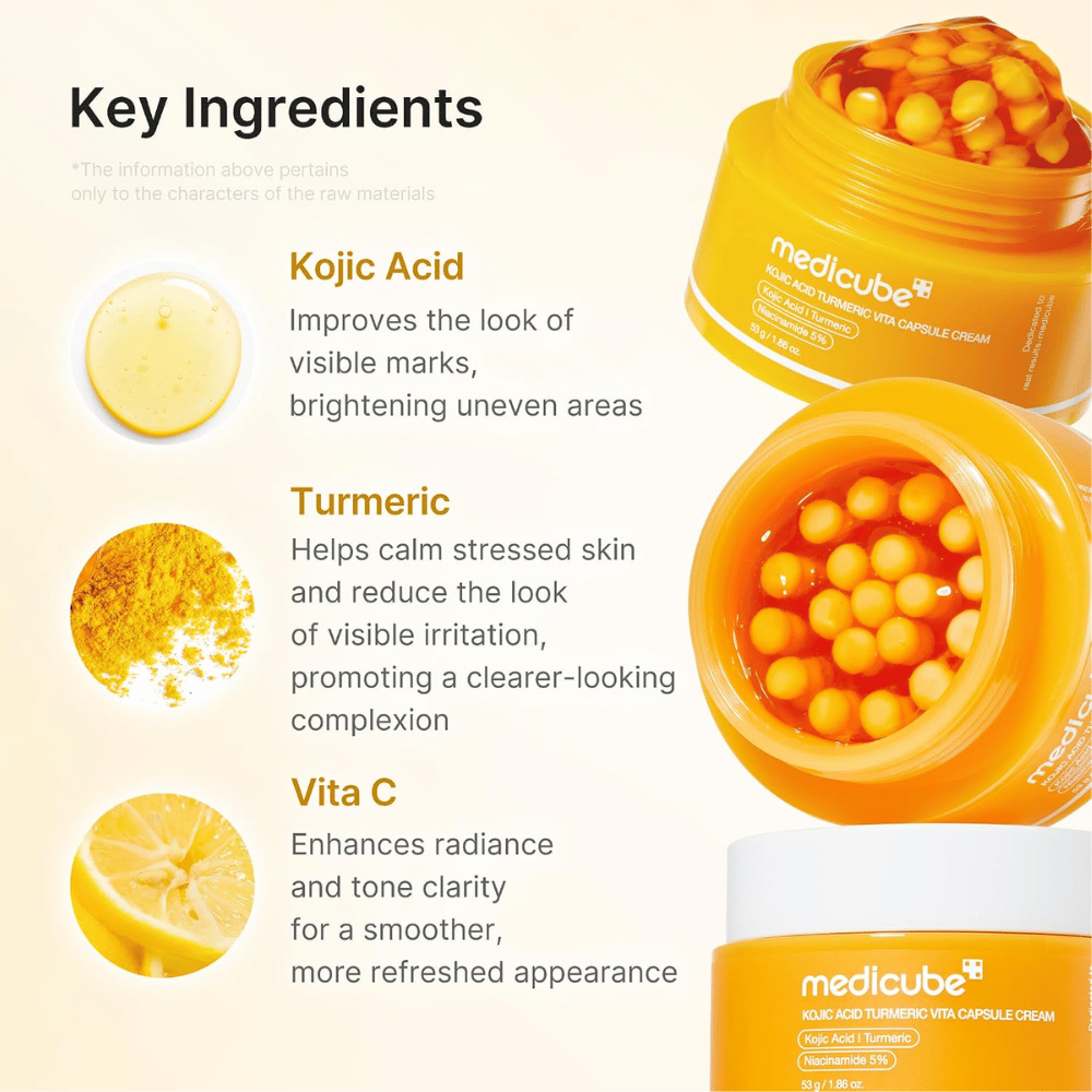 3. Medicube Kojic Acid Turmeric Vita Capsule Cream – creme facial com ácido kójico, curcuma e vitamina C para um tom de pele mais uniforme