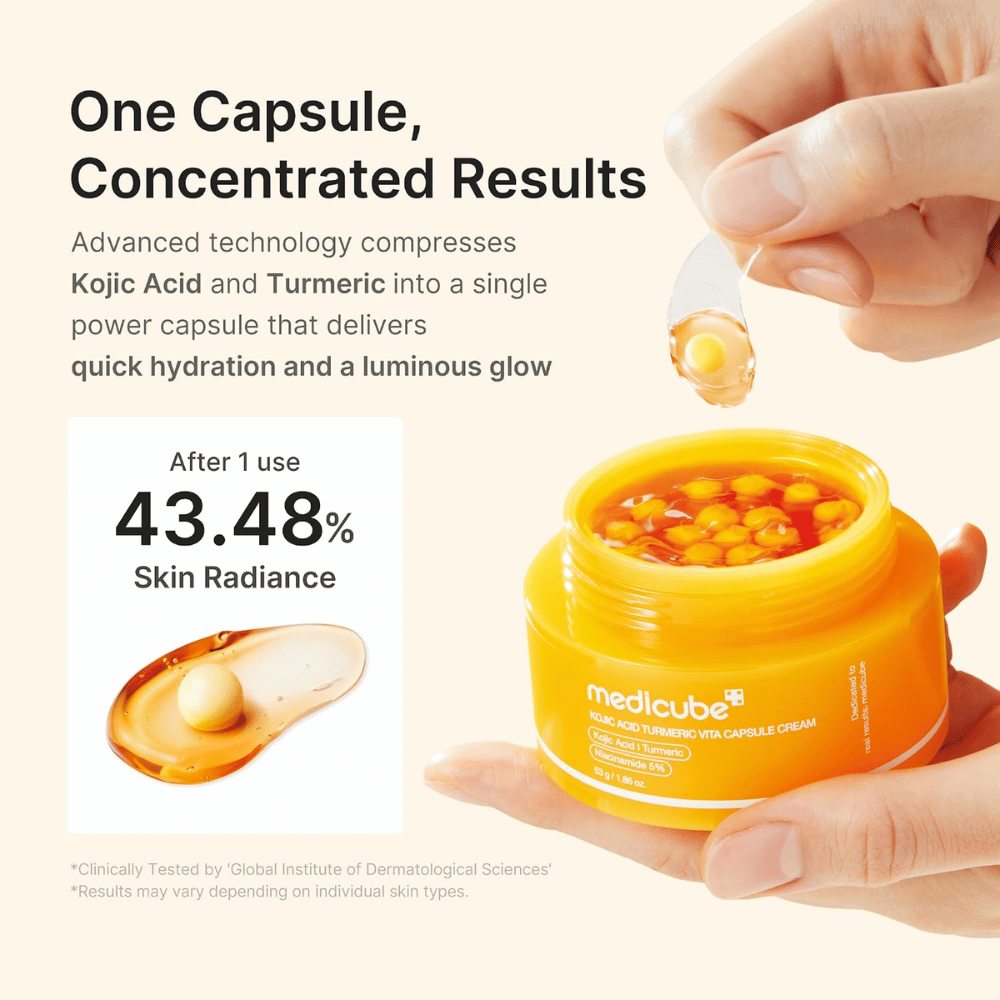 1. Medicube Kojic Acid Turmeric Vita Capsule Cream – creme facial com cápsulas concentradas para hidratação e luminosidade acrescida