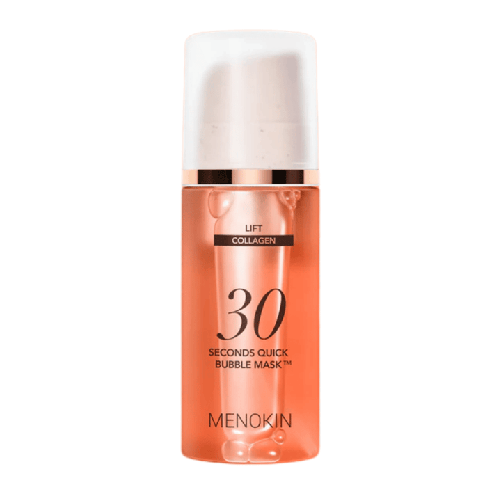 Imagem de produto recortada de MENOKIN LIFT 30 Seconds Quick Bubble Mask que mostra claramente o design laranja elegante e a embalagem com doseador.
