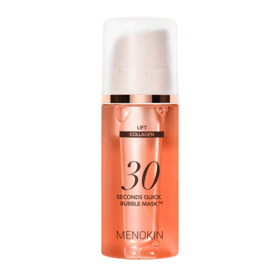 Imagem de produto recortada de MENOKIN LIFT 30 Seconds Quick Bubble Mask que mostra claramente o design laranja elegante e a embalagem com doseador.