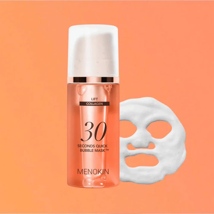 Imagem de produto de MENOKIN LIFT 30 Seconds Quick Bubble Mask com fundo laranja e forma de máscara de espuma que simboliza uma máscara facial rápida e eficaz em apenas 30 segundos.