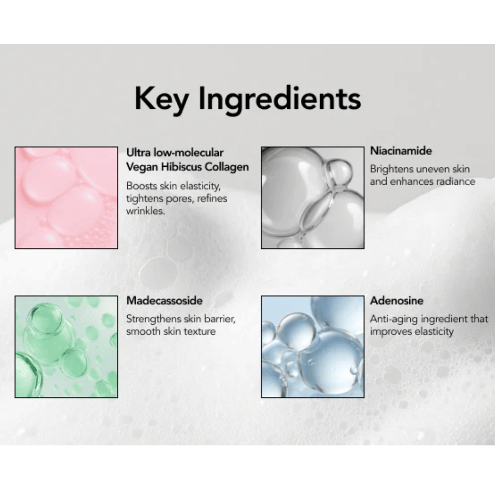 Imagem informativa que destaca os ingredientes-chave de MENOKIN LIFT 30 Seconds Quick Bubble Mask, incluindo colagénio vegano de hibisco, niacinamida, madecassoside e adenosina para elasticidade, luminosidade e barreira cutânea.