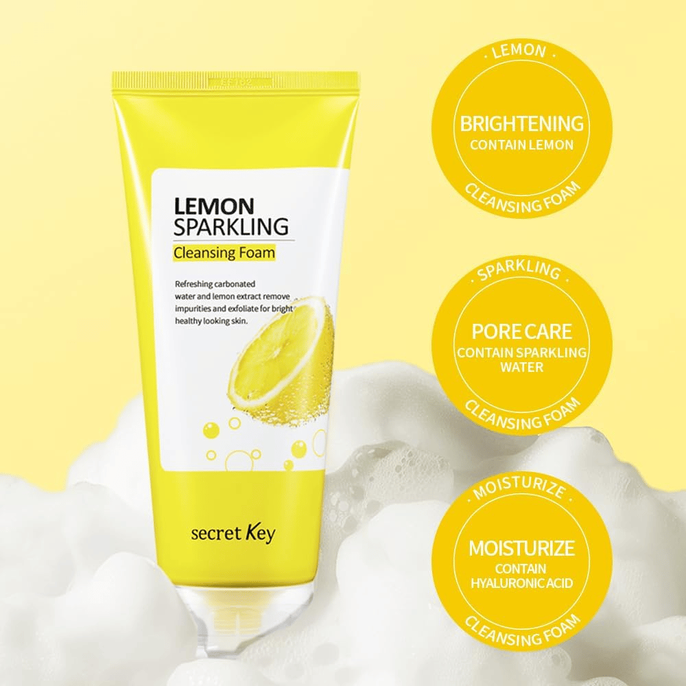 Secret Key Lemon Sparkling Cleansing Foam – lavagem facial espumante que limpa poros, hidrata com ácido hialurônico e ilumina a pele.