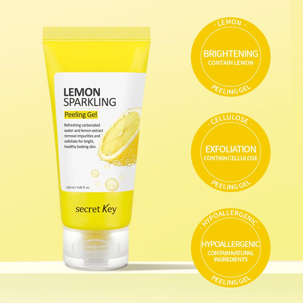 Secret Key Lemon Sparkling Peeling Gel – contém limão e celulose para esfoliação, brilho e pele mais macia, suave para pele sensível.
