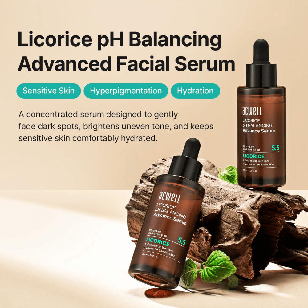 Imagem de marketing para Acwell Licorice pH Balancing Advance Serum com foco em pele sensível, hiperpigmentação e hidratação.
