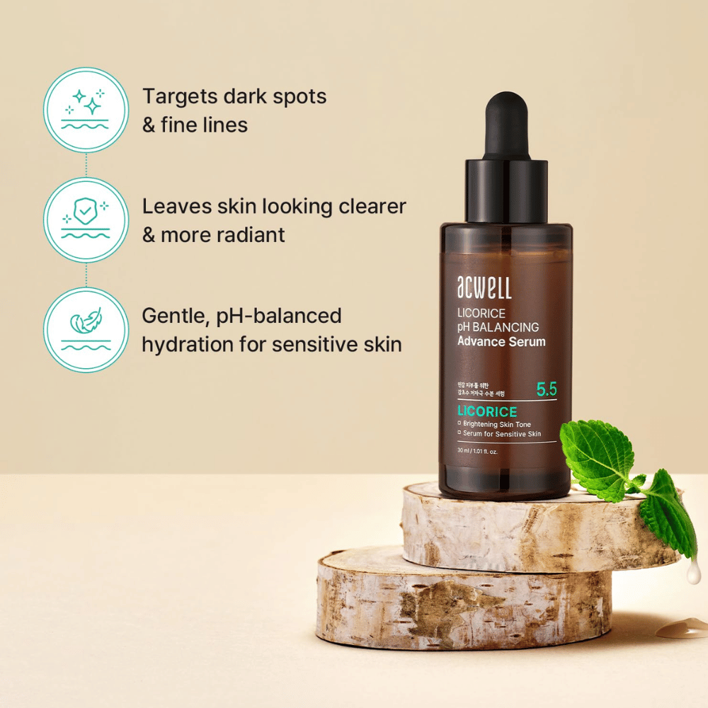 Imagem de produto que descreve os benefícios do sérum para manchas escuras, linhas finas e pele sensível com hidratação com pH equilibrado.