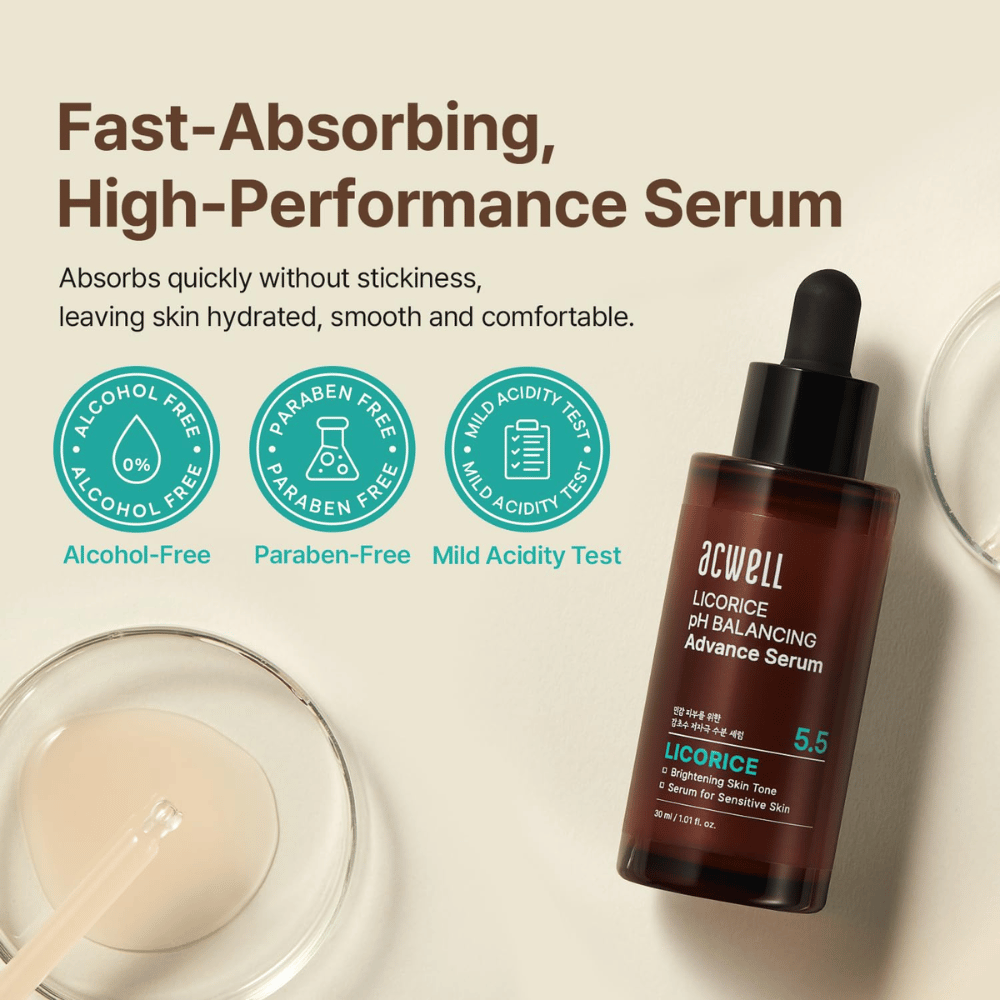 Imagem informativa que destaca a fórmula de absorção rápida do sérum, bem como o facto de ser sem álcool, sem parabenos e testada em pH para pele sensível.