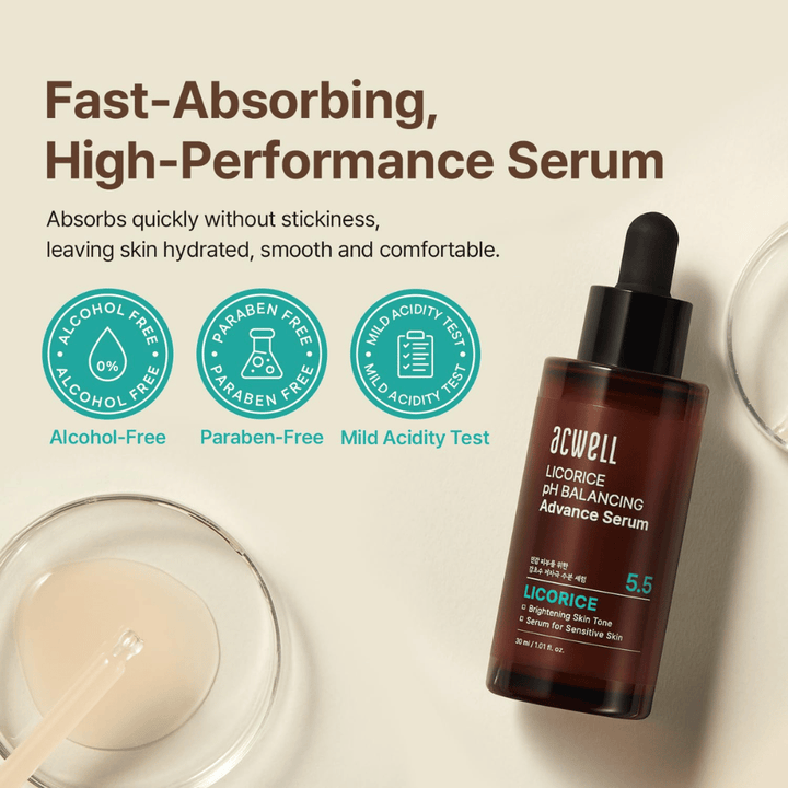 Imagem informativa que destaca a fórmula de absorção rápida do sérum, bem como o facto de ser sem álcool, sem parabenos e testada em pH para pele sensível.