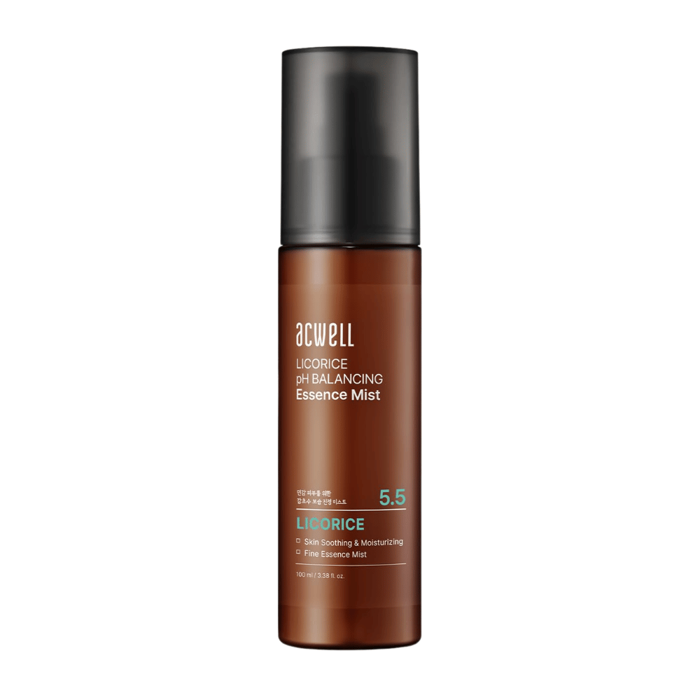 Imagem do produto de Acwell Licorice pH Balancing Essence Mist em frasco spray castanho. Essence mist hidratante com extrato de alcaçuz e pH 5,5 equilibrante para a pele, que ajuda a acalmar e a refrescar a pele.