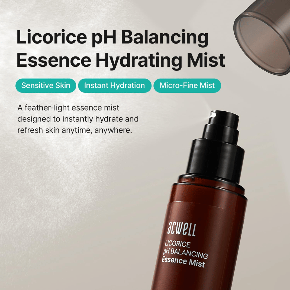 Acwell Licorice pH Balancing Essence Mist com foco na pele sensível, hidratação intensa e tecnologia de pulverização microfina. Essence mist refrescante que hidrata a pele a qualquer momento do dia.