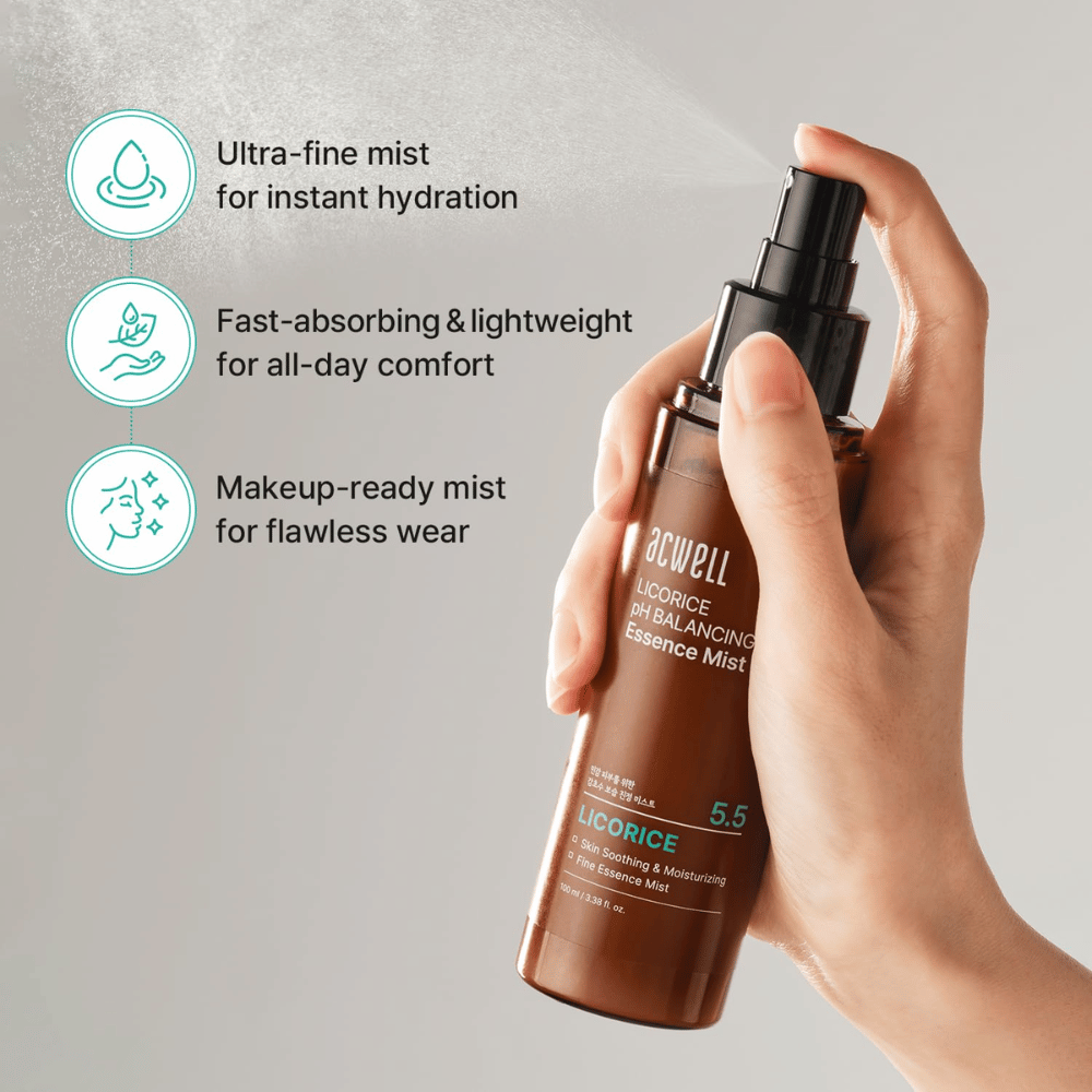 Acwell Licorice pH Balancing Essence Mist é pulverizado com uma névoa finamente dispersa. Fórmula leve que é rapidamente absorvida, proporciona hidratação imediata e funciona tanto com como sem maquilhagem.