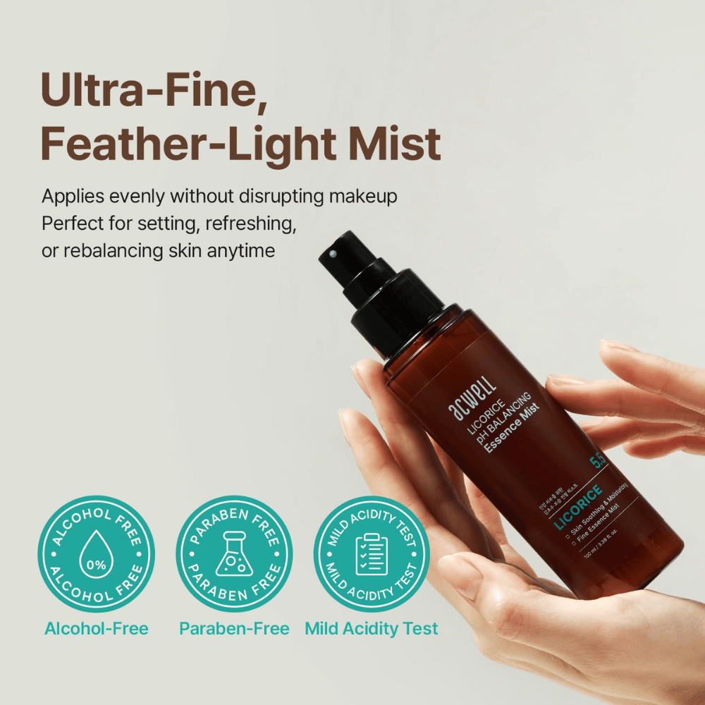 Acwell Licorice pH Balancing Essence Mist é segurado na mão e pulverizado como uma névoa ultrafina. A imagem destaca a fórmula sem álcool e sem parabenos, bem como o pH adequado para a pele, ideal para pele sensível.
