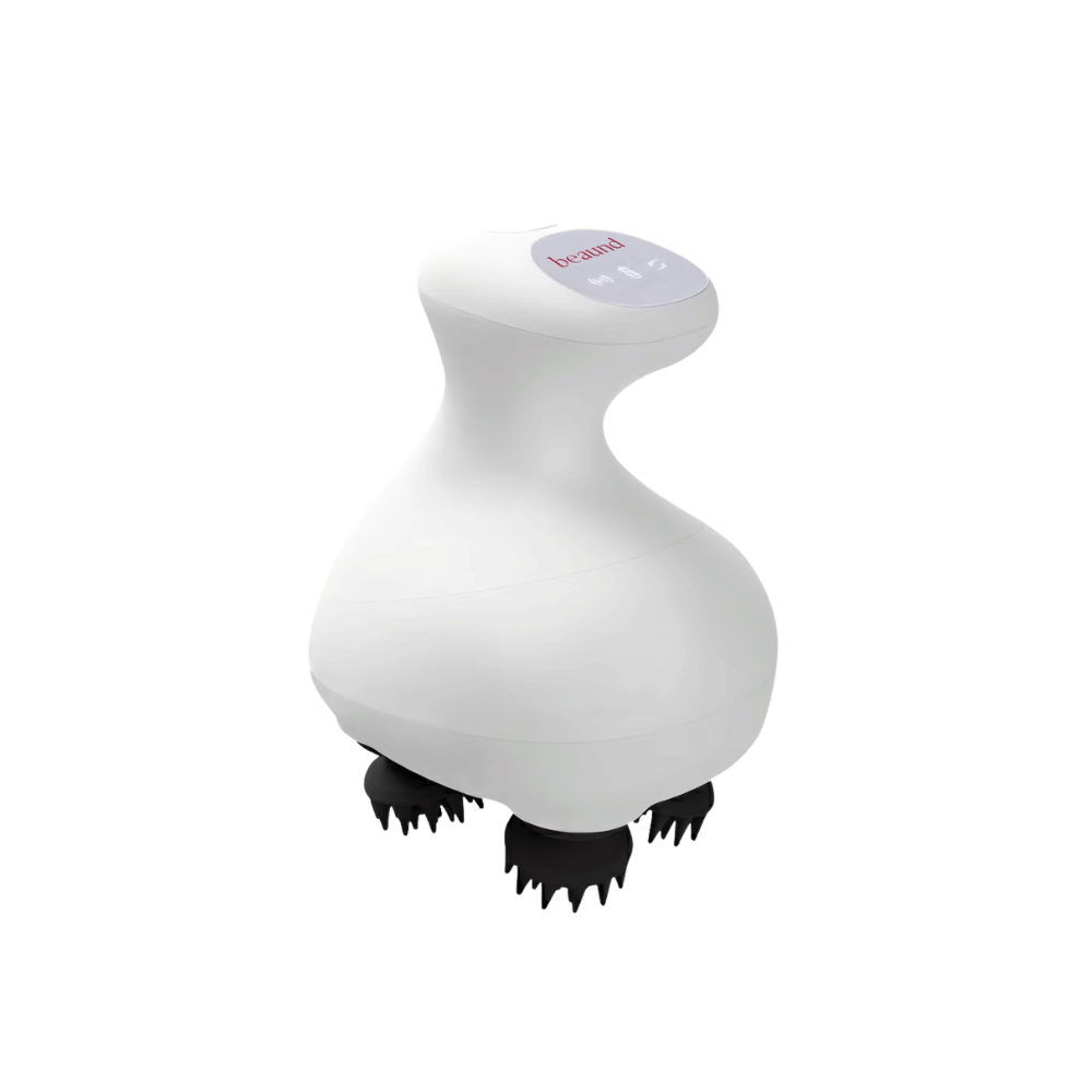 Beaund Lift Head Spa em utilização no couro cabeludo. A imagem mostra como as cabeças de massagem rotativas trabalham junto às raízes do cabelo para uma massagem ao couro cabeludo relaxante e revigorante.