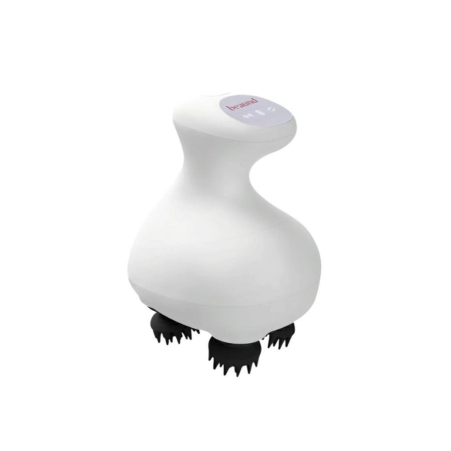 Beaund Lift Head Spa em utilização no couro cabeludo. A imagem mostra como as cabeças de massagem rotativas trabalham junto às raízes do cabelo para uma massagem ao couro cabeludo relaxante e revigorante.