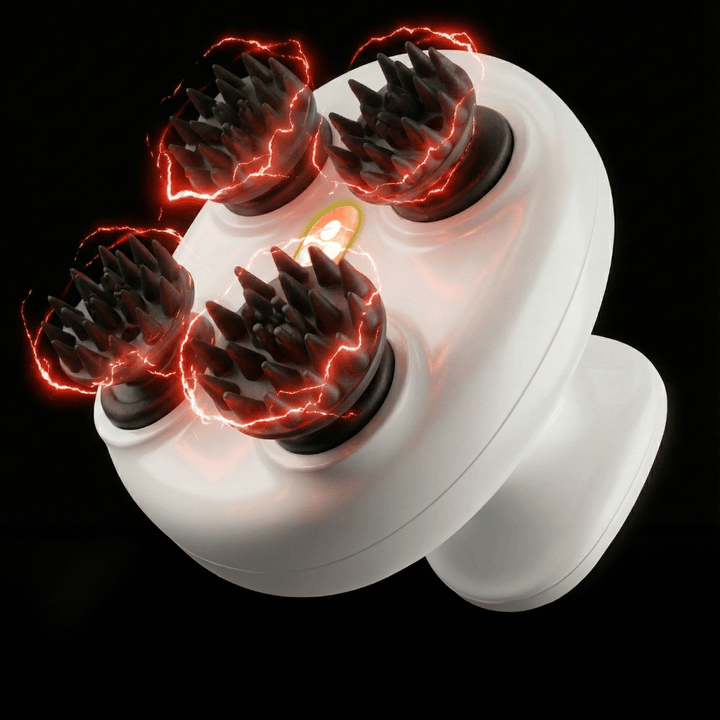 Imagem do produto Beaund Lift Head Spa sobre fundo branco. O aparelho de massagem sem fios é apresentado claramente com o seu design moderno e as suas quatro cabeças de silicone massageadoras.
