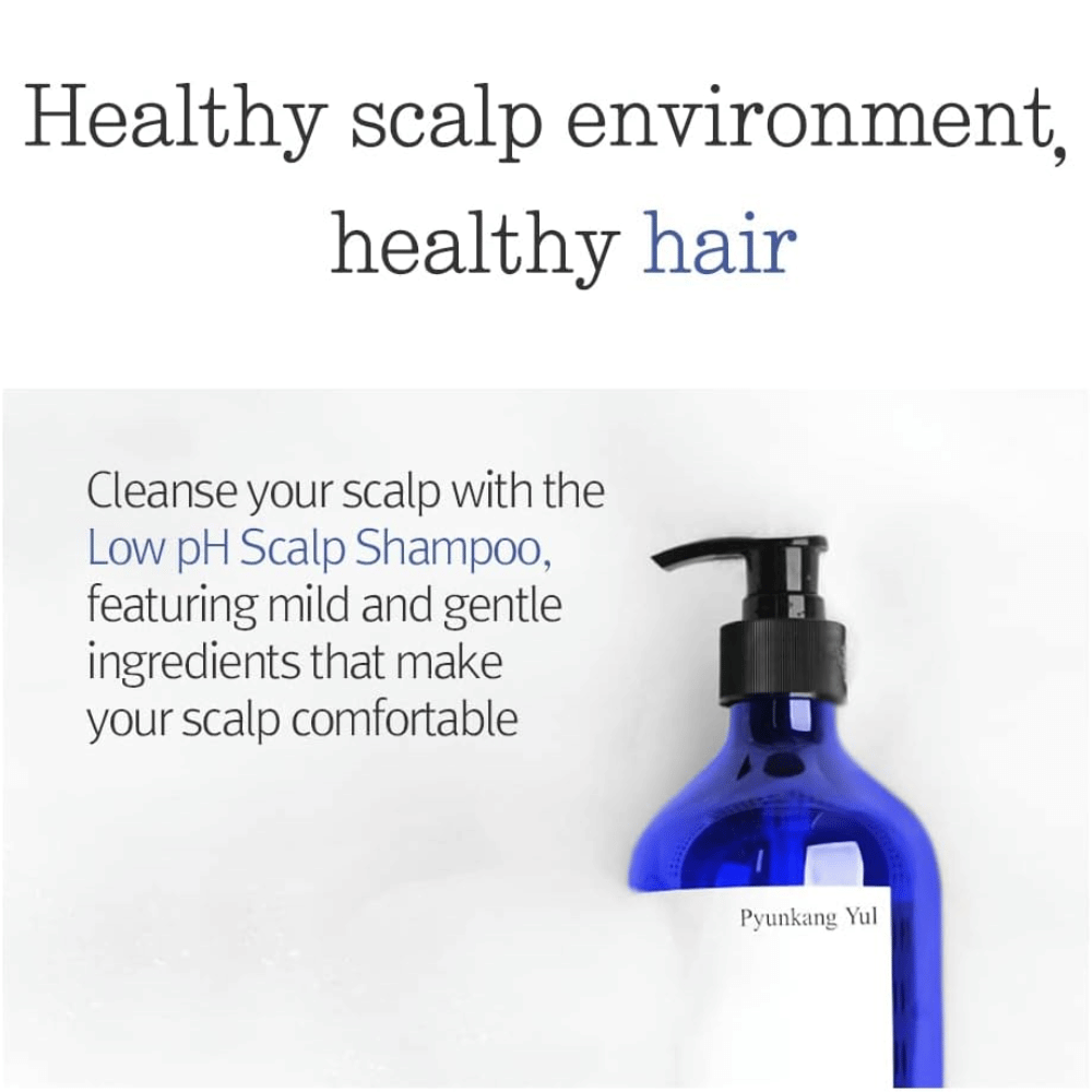 Imagem informativa que destaca Pyunkang Yul Low pH Scalp Shampoo e a sua fórmula suave para um ambiente do couro cabeludo equilibrado e saudável.
