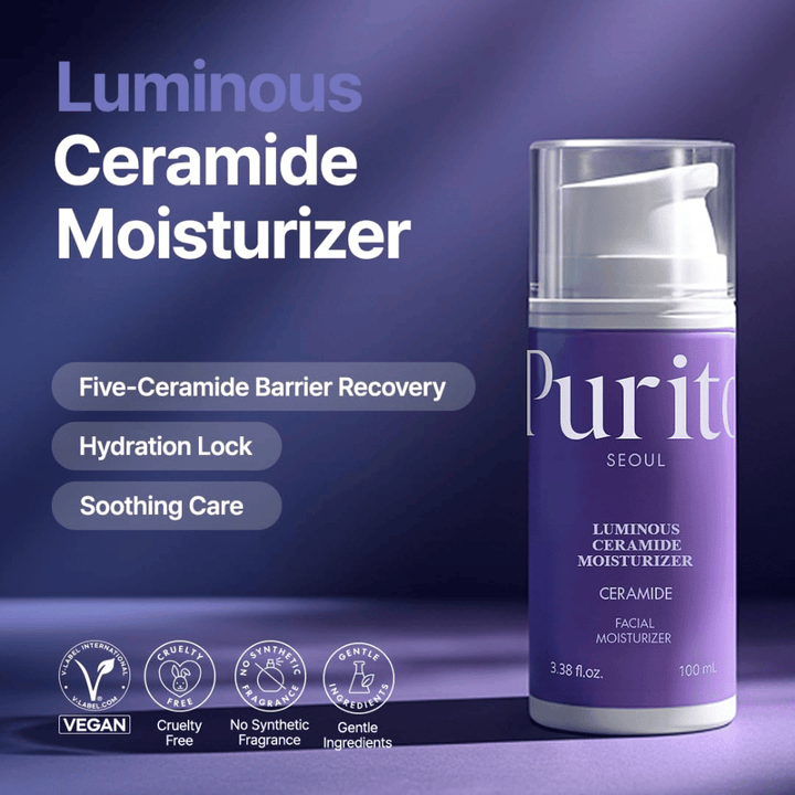 Purito Luminous Ceramide Moisturizer – creme facial coreano com ceramidas que ajuda a reparar a barreira cutânea, reter a umidade e proporcionar uma textura de pele mais uniforme.