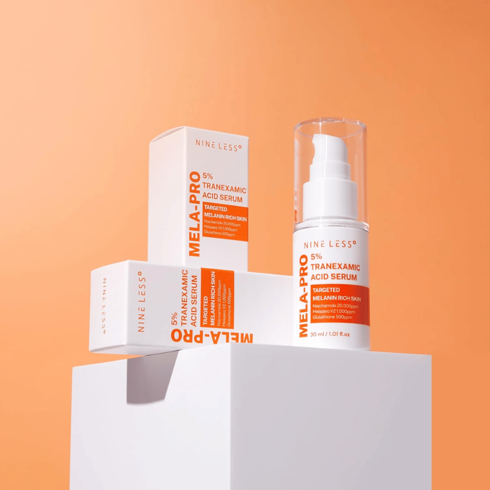 NINE LESS MELA-PRO 5% Tranexamic Acid Serum 30 ml com embalagem, sérum iluminador contra manchas de pigmentação e tom de pele irregular.