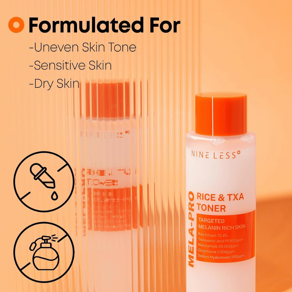 2. NINE LESS MELA-PRO Rice & TXA Toner – tónico facial para tom de pele irregular, pele sensível e seca com extrato de arroz e ácido tranexâmico