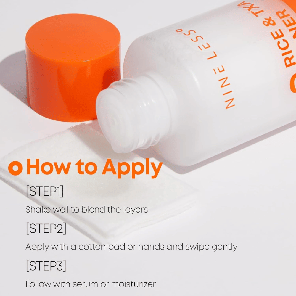 1. NINE LESS MELA-PRO Rice & TXA Toner – instruções de utilização do tónico facial que deve ser agitado antes da aplicação com disco de algodão ou com as mãos
