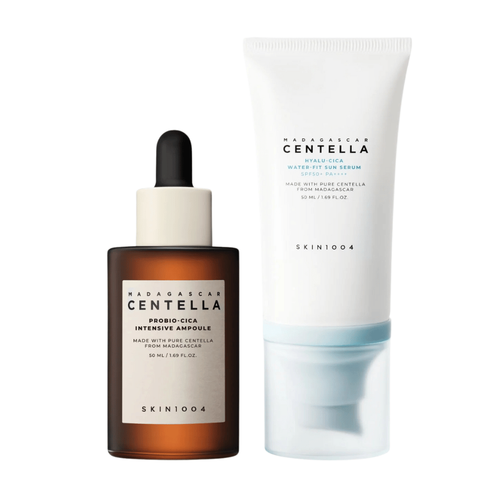 Dois produtos de cuidados com a pele de SKIN1004 são exibidos: uma ampola e um sérum de proteção solar, ambos contendo centella de Madagascar.