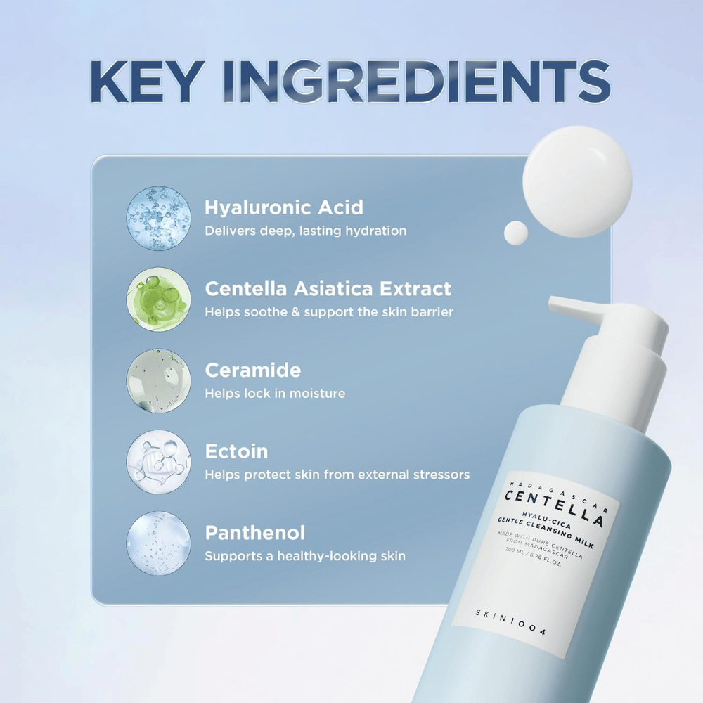 SKIN1004 Madagascar Centella Hyalu-Cica Gentle Cleansing Milk – ácido hialurónico, centella, ceramidas, ectoína e pantenol