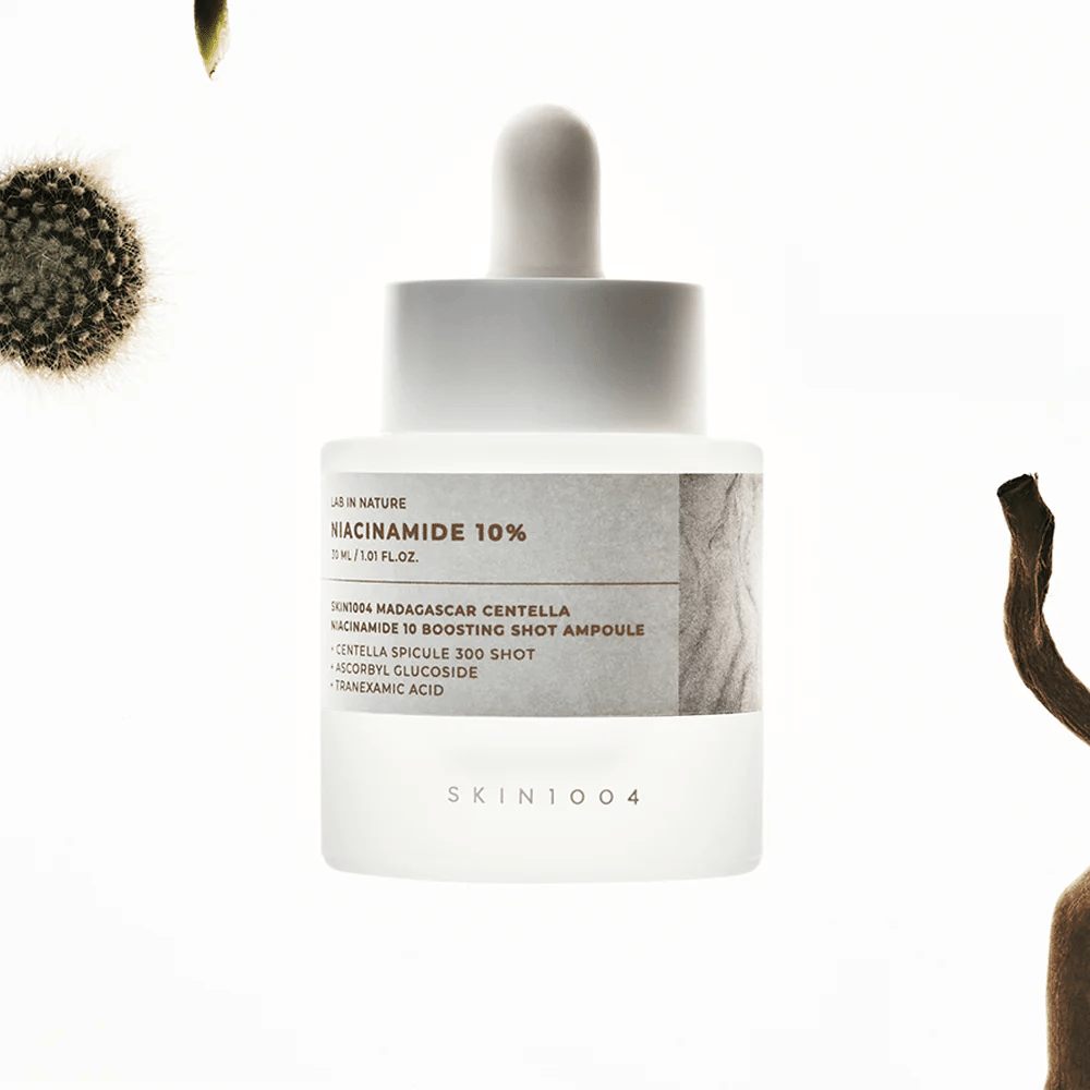 SKIN1004 Madagascar Centella Niacinamide 10 Boosting Shot Ampoule – sérum coreano com 10% de niacinamida e centella asiatica para um tom de pele mais uniforme, brilho e pele equilibrada.
