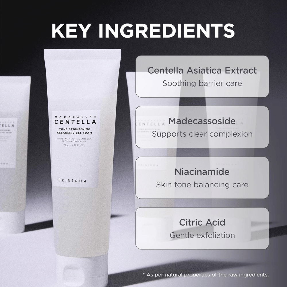 Imagem que destaca os ingredientes principais do produto e as suas funções. Os ingredientes são apresentados num layout claro e moderno, com foco em propriedades de cuidado da pele e calmantes.