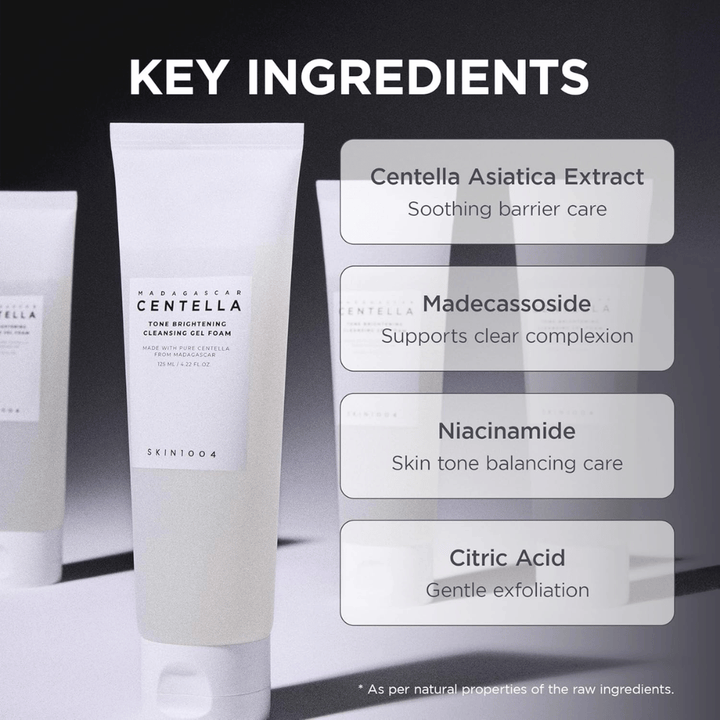 Imagem que destaca os ingredientes principais do produto e as suas funções. Os ingredientes são apresentados num layout claro e moderno, com foco em propriedades de cuidado da pele e calmantes.