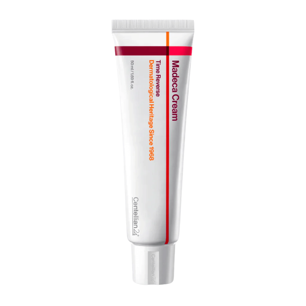 Imagem do Produto de Centellian24 Madeca Cream Time Reverse em tubo sobre fundo branco, um creme facial reparador com centella asiatica que fortalece a barreira da pele e é adequado para pele sensível.