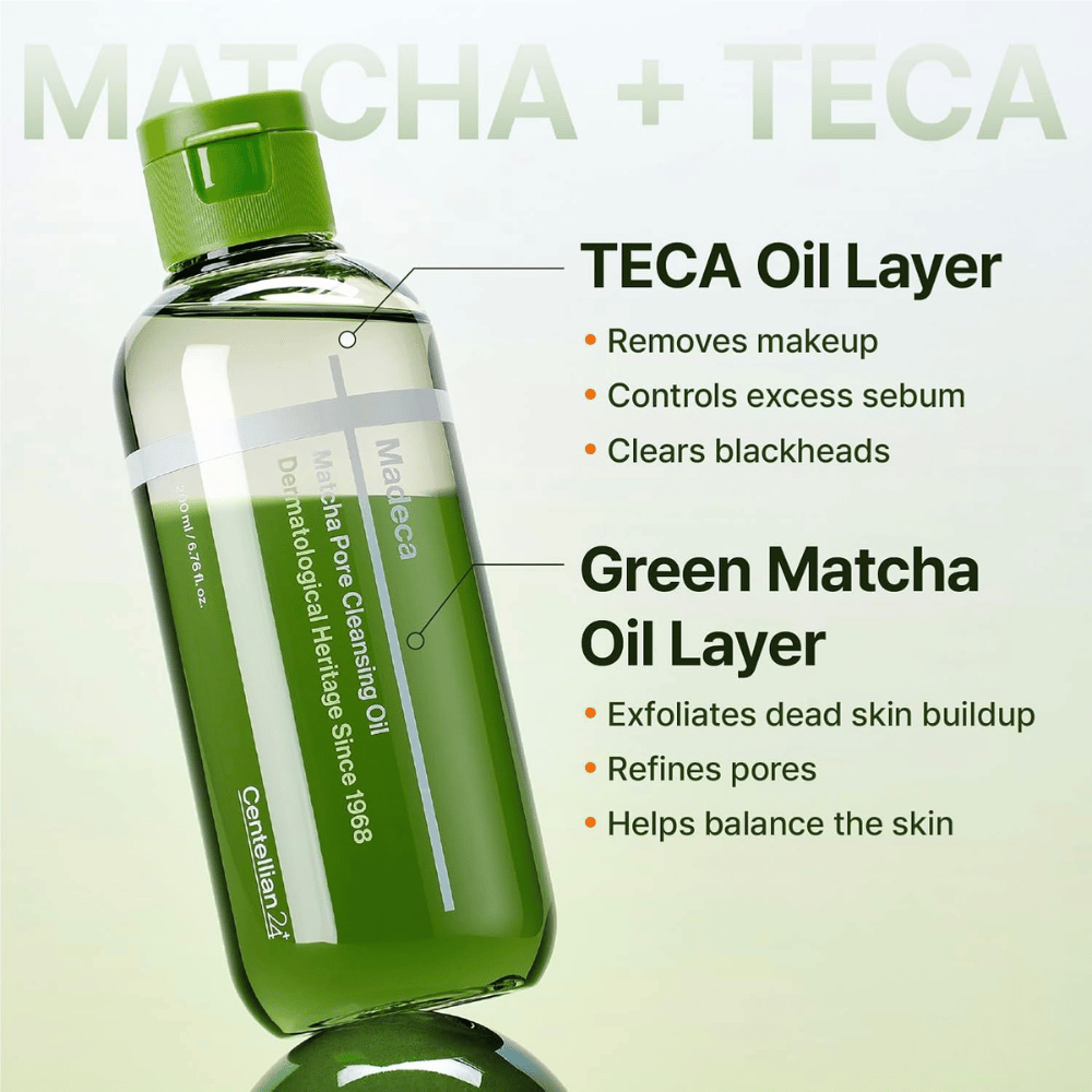 Centellian24 Madeca Matcha Pore Cleansing Oil com fórmula bifásica que dissolve a maquilhagem e o sebo