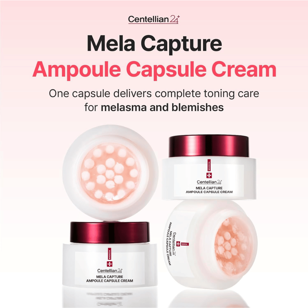 Imagem do produto de Centellian24 Madeca Mela Capture Ampoule Capsule Cream com foco nas cápsulas de ampola e na fórmula desenvolvida para o cuidado do tom de pele irregular e da pigmentação.