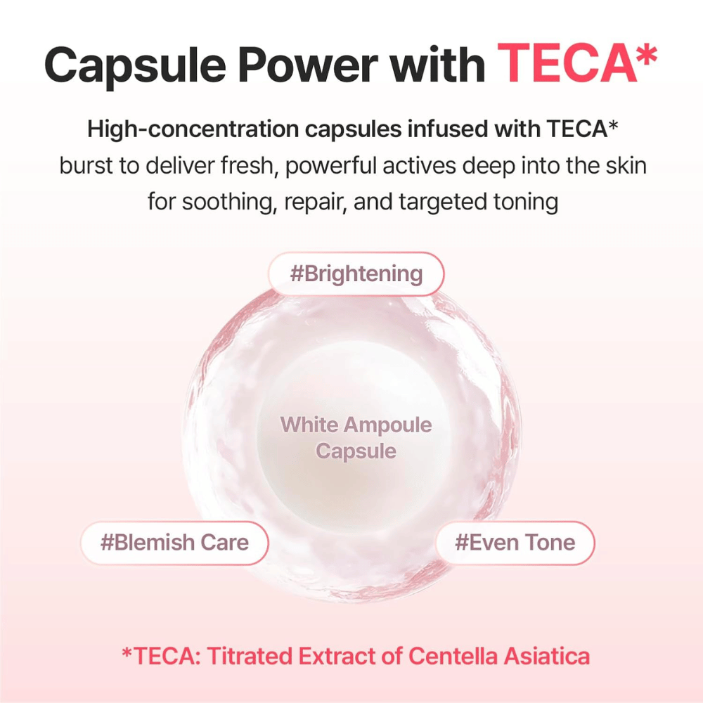 Imagem de ingredientes que mostra cápsulas de ampola enriquecidas com TECA (extrato de Centella Asiatica) para ajudar a proporcionar luminosidade, um tom de pele mais uniforme e o cuidado das manchas de pigmentação.
