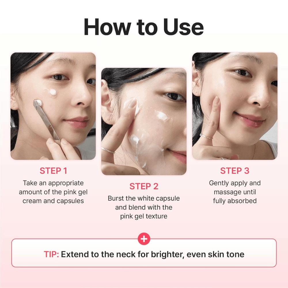 Guia passo a passo que mostra como Centellian24 Madeca Mela Capture Ampoule Capsule Cream é aplicado, misturando as cápsulas com o creme em gel e massajando até o produto ser absorvido.