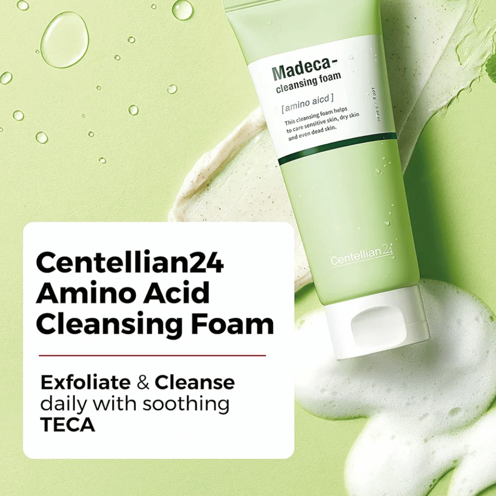 Centellian24 Madeca Amino Acid Cleansing Foam imagem do produto – espuma de limpeza coreana com TECA e aminoácidos que esfoliam suavemente, limpam a pele de forma eficaz e ajudam a hidratar.