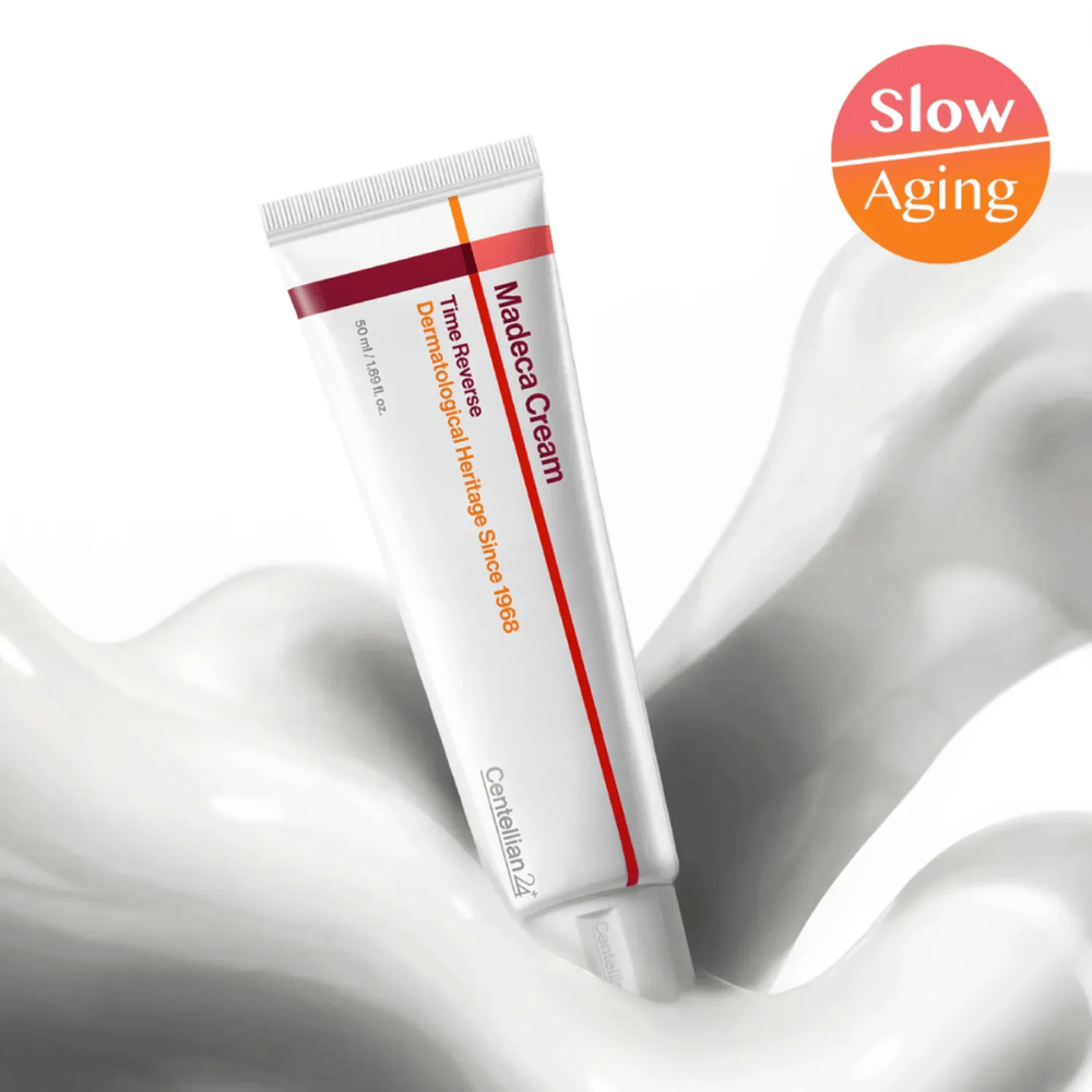 Centellian24 Madeca Cream Time Reverse em textura de creme com mensagem de envelhecimento lento, desenvolvido para acalmar a pele, reduzir irritações e apoiar o processo natural de reparação da pele.
