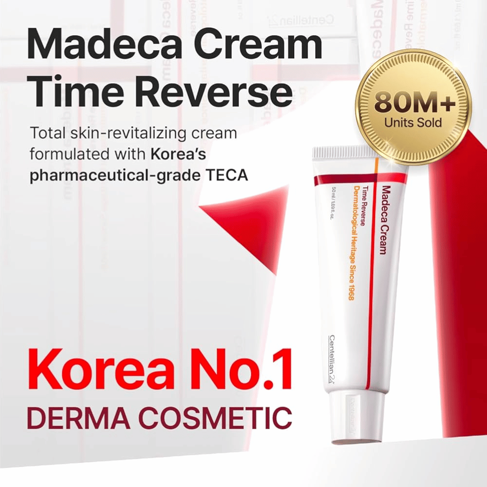 Centellian24 Madeca Cream Time Reverse é apresentado como o principal creme derma da Coreia com TECA, mais de 80 milhões de unidades vendidas e foco na renovação da pele e fortalecimento da barreira.