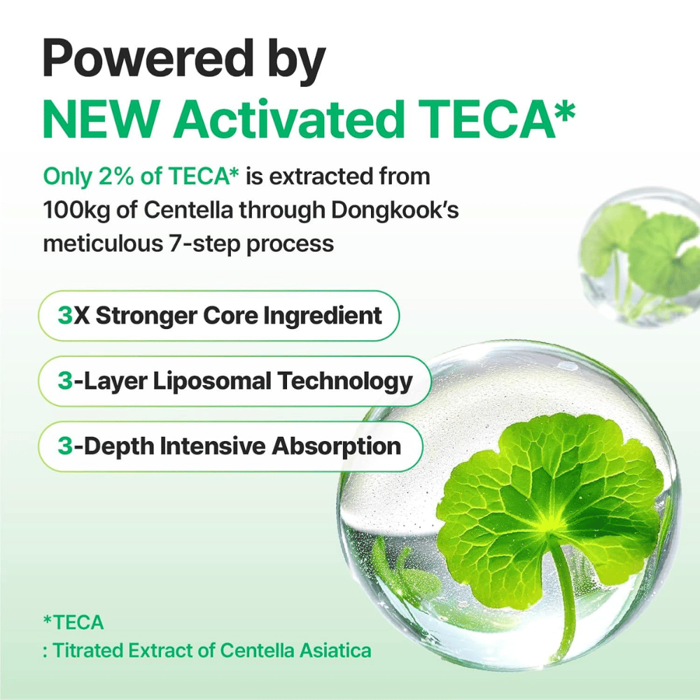 Gráfico que explica Activated TECA da Centella Asiatica em Centellian24 Madeca Cream, com tecnologia lipossomal que proporciona absorção profunda e fortalece a capacidade reparadora da pele.