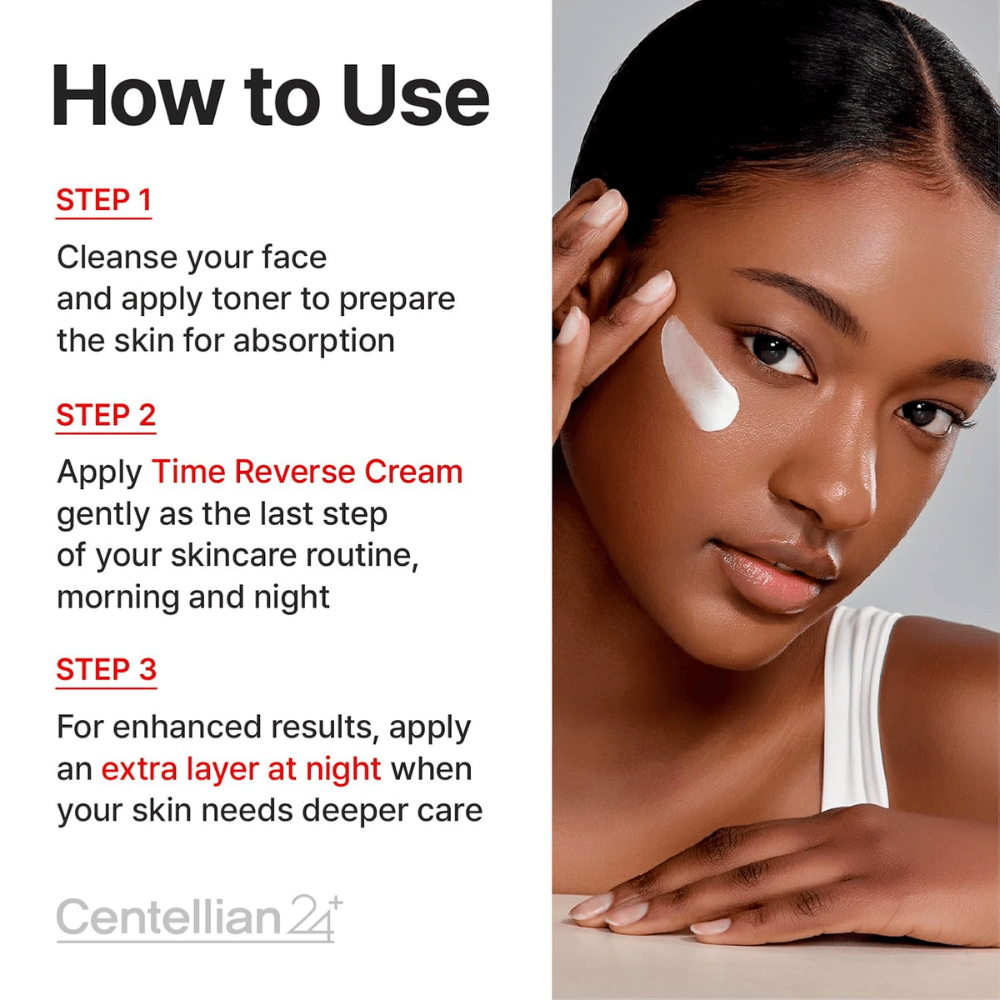 Imagem de instruções que mostra como Centellian24 Madeca Cream Time Reverse é usado na rotina de cuidados com a pele – aplicado como último passo de manhã e à noite para acalmar, fortalecer e reparar a pele.