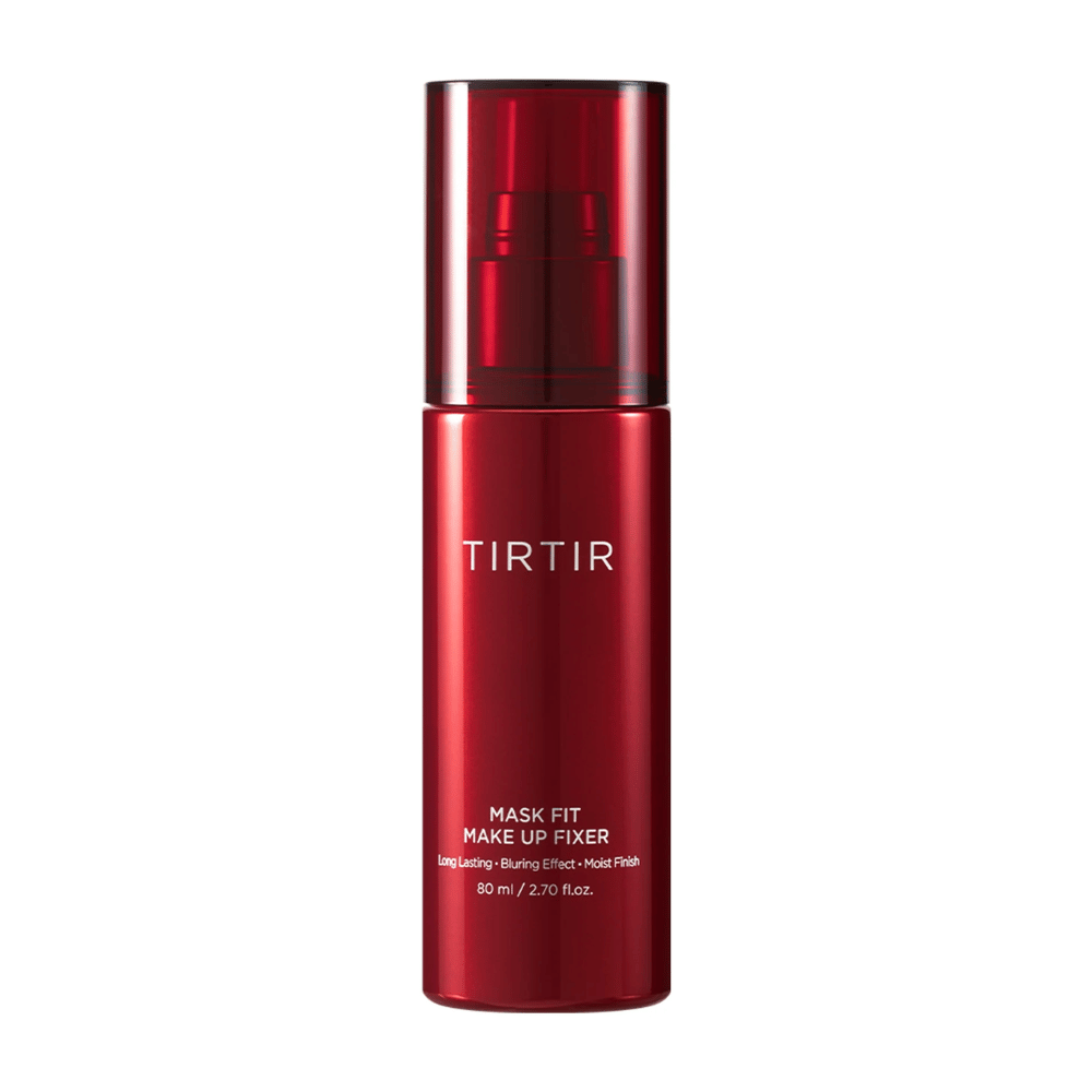 Uma garrafa vermelha TIRTIR Mask Fit Make Up Fixer em fundo branco, projetada para fixação de maquiagem duradoura com efeito de desfoque e acabamento úmido.