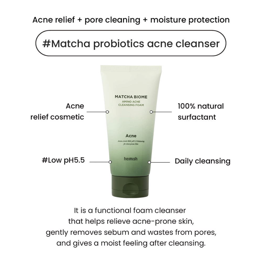 Heimish Matcha Biome Amino Acne Cleansing Foam low pH 5.5 – limpeza de acne que limpa os poros, reduz o sebo e hidrata a pele