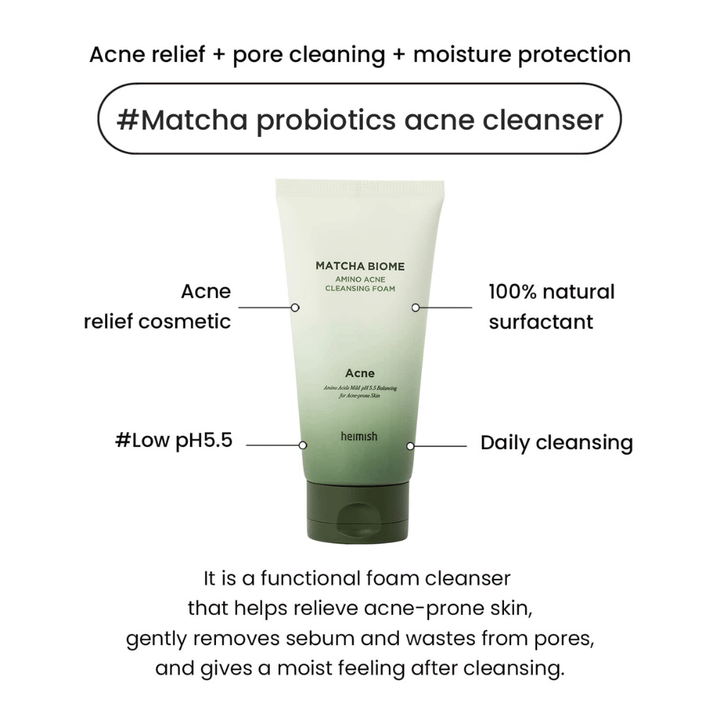 Heimish Matcha Biome Amino Acne Cleansing Foam low pH 5.5 – limpeza de acne que limpa os poros, reduz o sebo e hidrata a pele