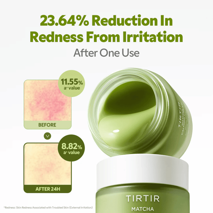 TIRTIR Matcha Calming Cream com ceramidas, pantenol e peptídeos que hidratam, reforçam a barreira cutânea e melhoram a elasticidade da pele.
