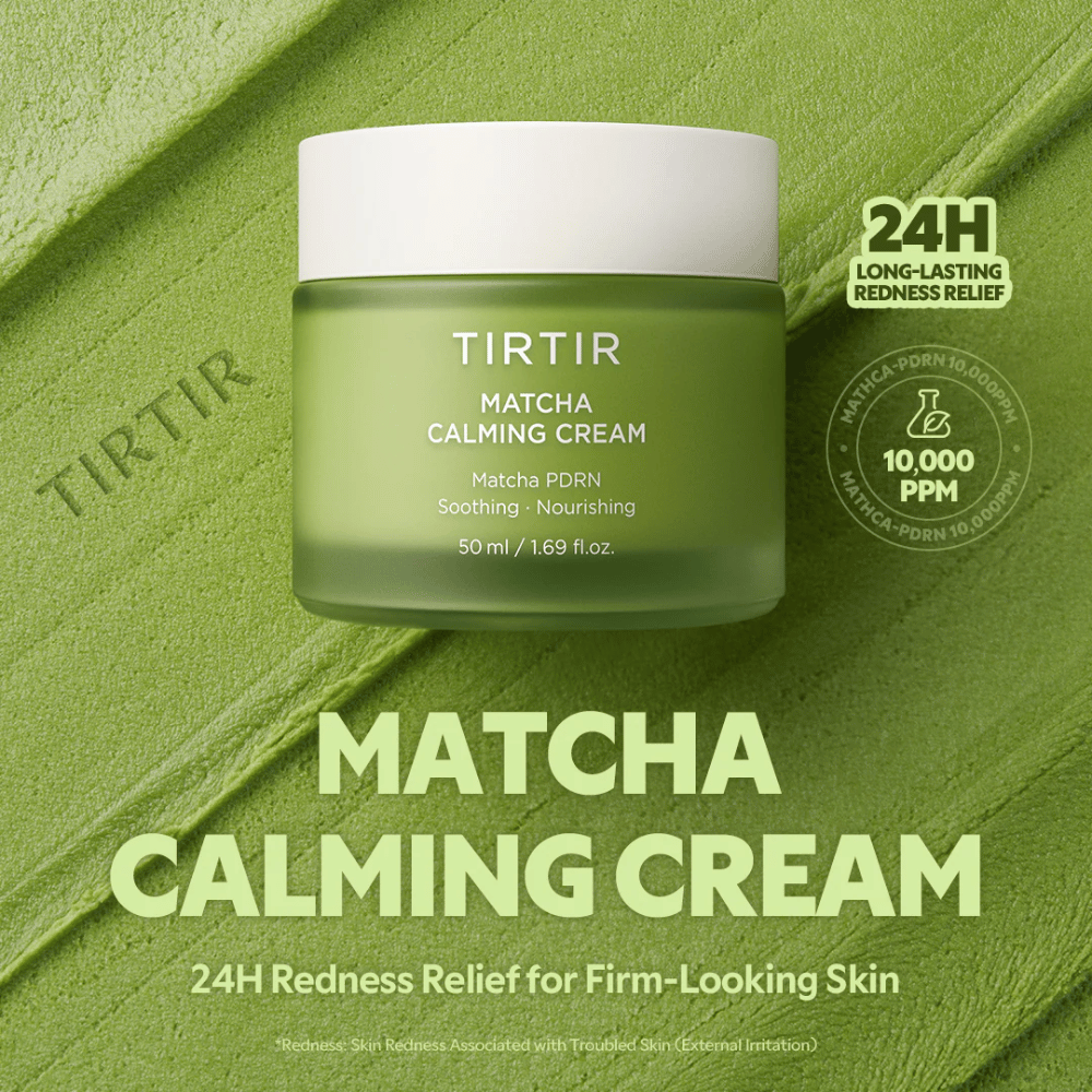 TIRTIR Matcha Calming Cream com ceramidas, pantenol e peptídeos que hidratam em profundidade, reforçam a barreira cutânea e melhoram a elasticidade.