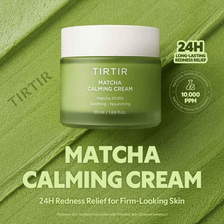 TIRTIR Matcha Calming Cream com ceramidas, pantenol e peptídeos que hidratam em profundidade, reforçam a barreira cutânea e melhoram a elasticidade.